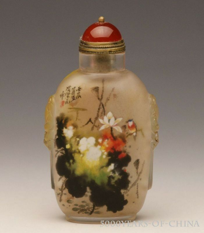 3.61" Nice Handmade Inside Painted "lotus & Bird #4" Glass Snuff Bottle