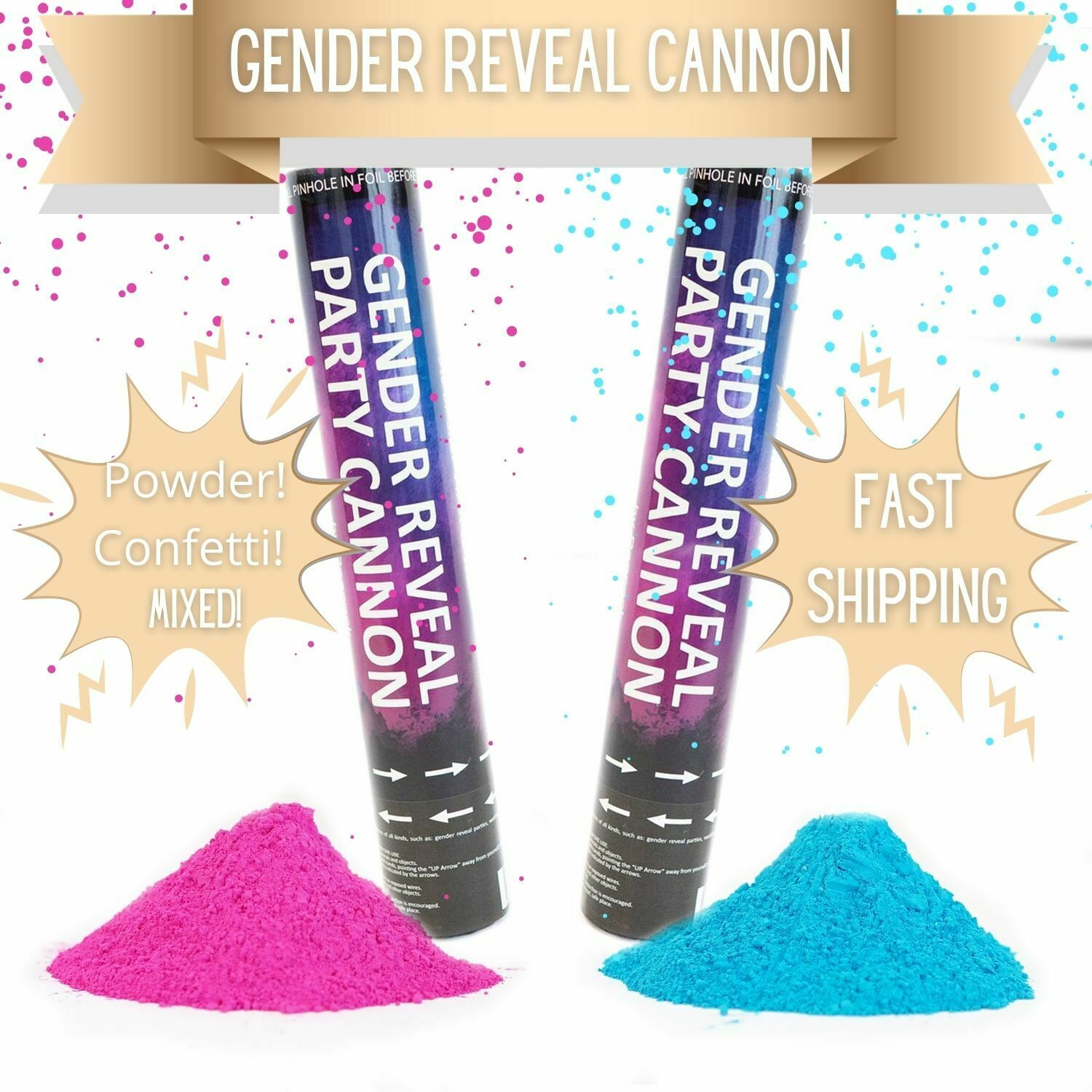 2 Pack Gender Reveal Smoke Powder & Confetti Cannons [choose Color] 12" Cannons