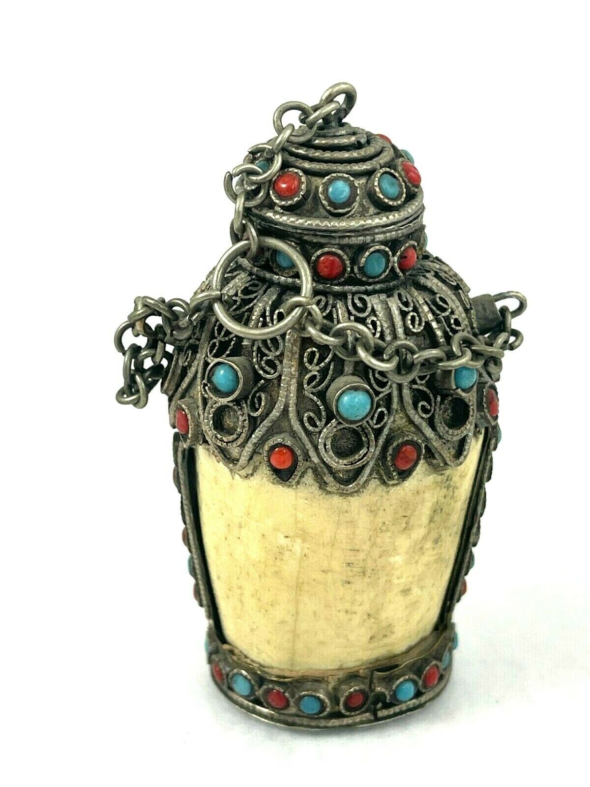 Metal And Stone Snuff Bottle With Spoon - Lots Of Deco And Stones