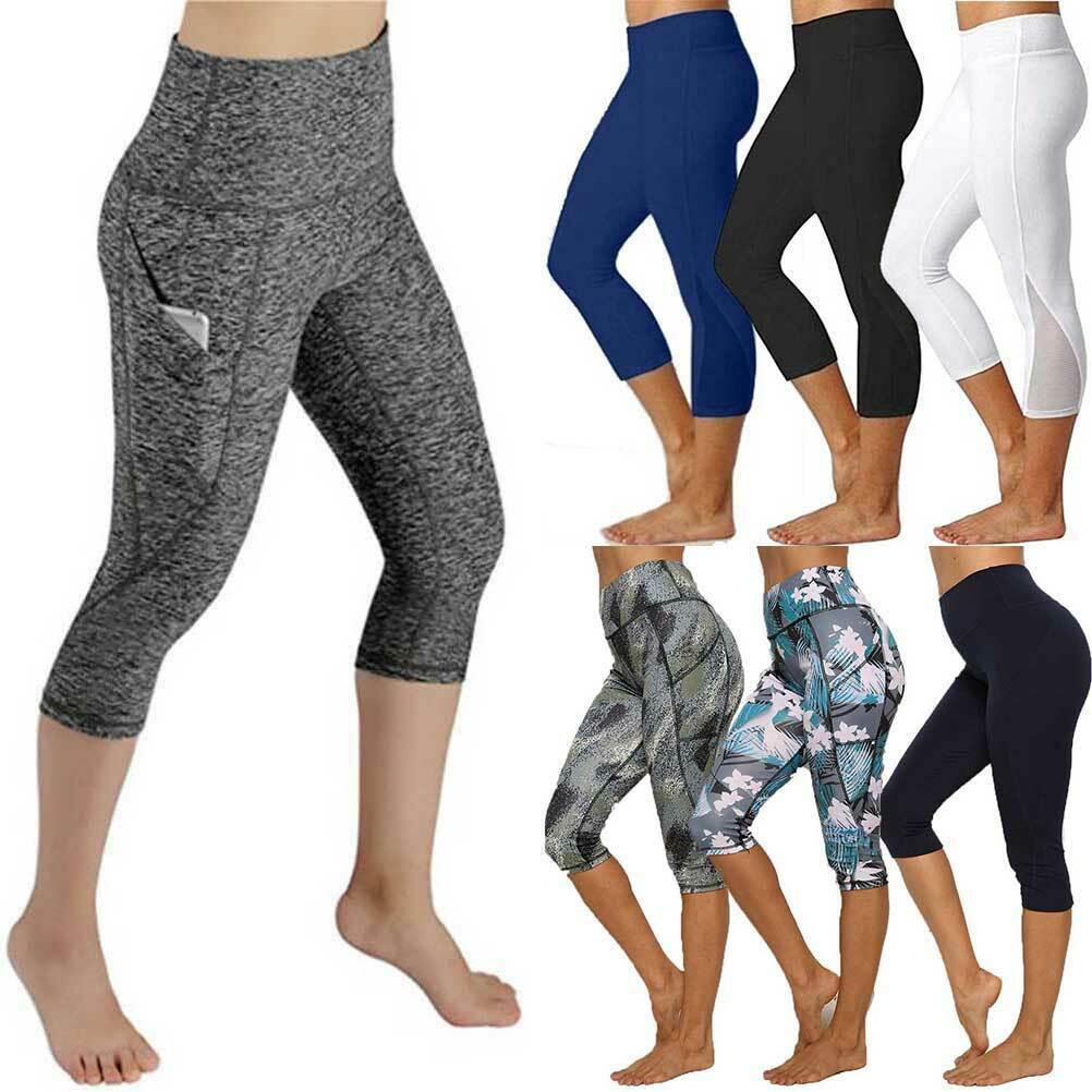 Womens High Waist Yoga Pants Pockets Capri Leggings Cropped Workout Trousers G1