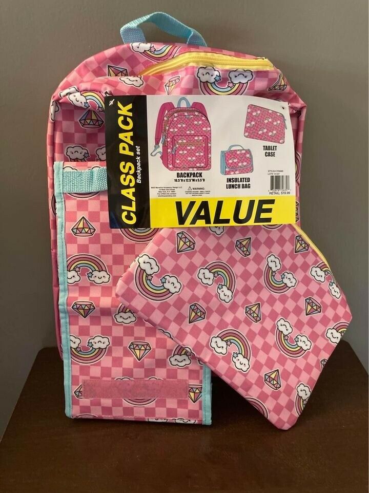 Brand New Rainbows & Diamonds Backpack (book Bag) Set W/ Tablet Case & Lunch Bag