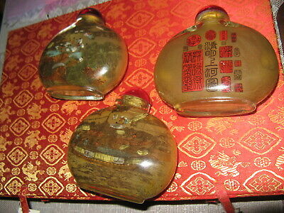 3 (three) Vintage Snuff Or Perfume Bottles, Asian Scenes, Stamps, With Box.