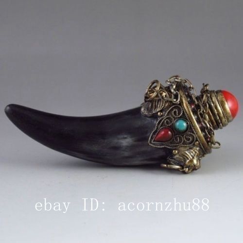 Original ! Exquisite Chinese Old Hand-carved Ox-horn Snuff Bottle Inlay Gem