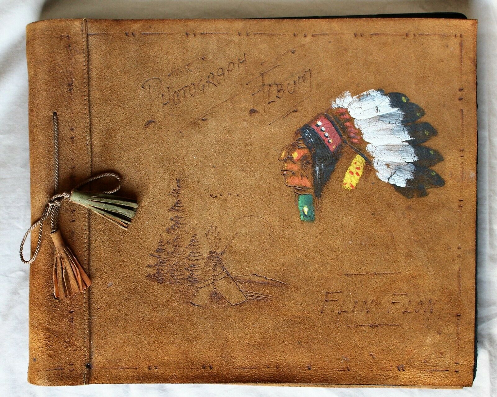 Empty Antique Leather Photo Album With Native Chief's Head & "flin Flon" C. 1930