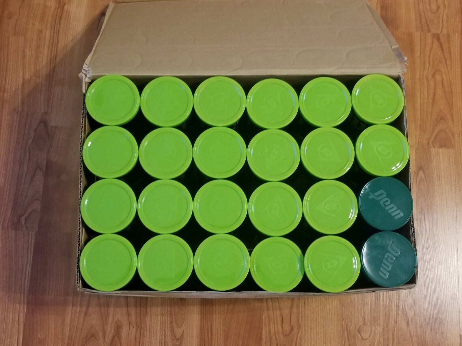 24 Empty Tennis Ball Cans With Lids - 22 Lime Green & 2 Dark Green - New