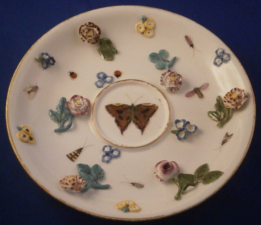 Antique 18thc Meissen Porcelain 3d Flowers Ecuelle Saucer Porzellan Untertasse