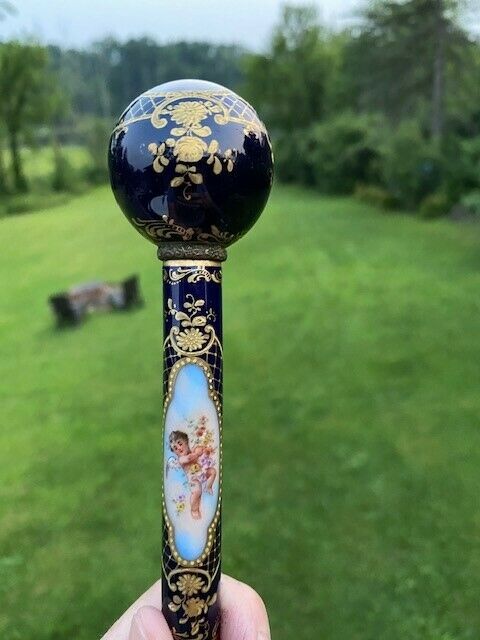 Antique Porcelain Enamel Hand-painted Walking Stick Cane Parasol Handle