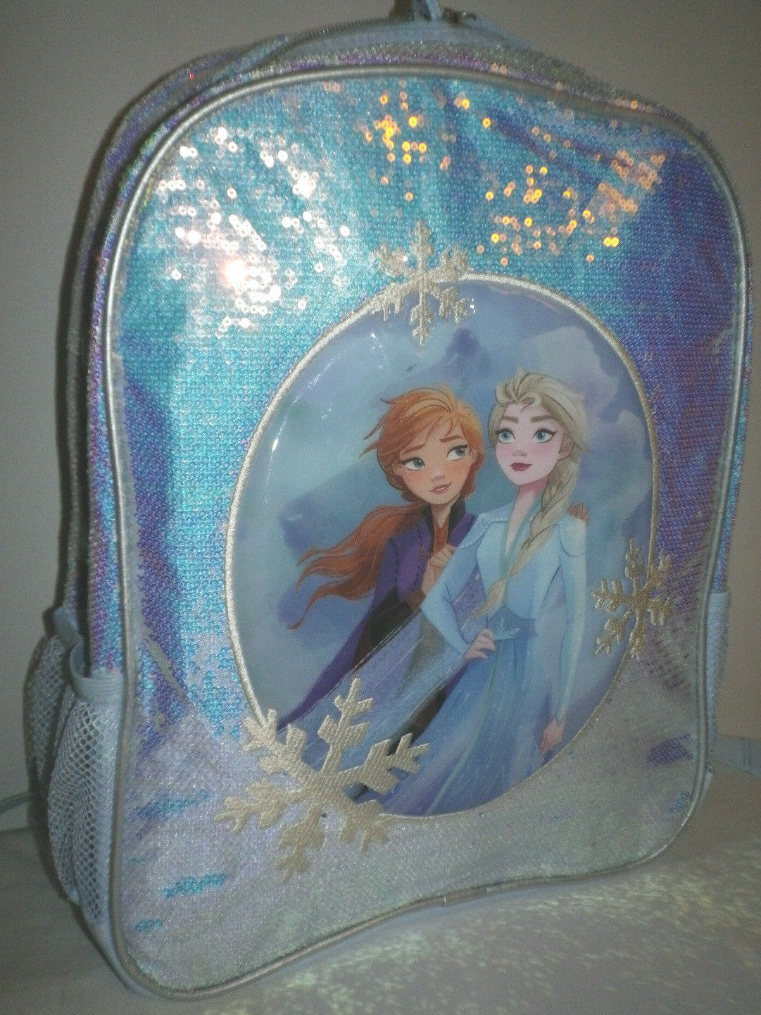 Brand New! Disney Frozen Elsa Anna Tiny Light Blue Sequins Backpack Pajama Tote