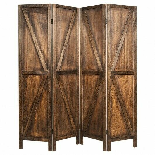 4 Panels Folding Wooden Privacy Room Divider W/ V-shaped Design 5.6ft Tall Brown