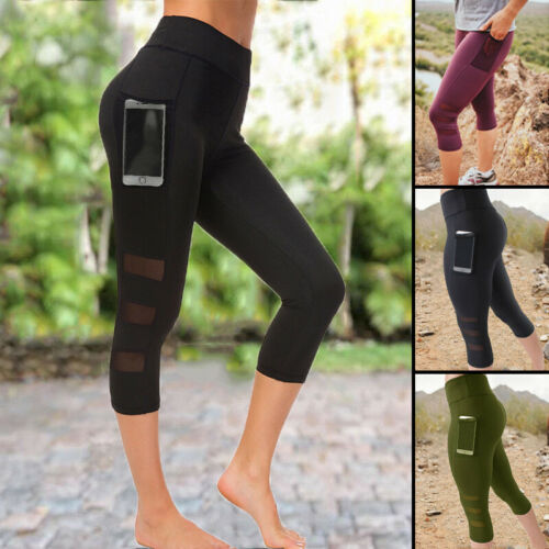 Womens Capri Yoga Pants With Pockets High Waist Fitness Gym 4/3 Workout Leggings