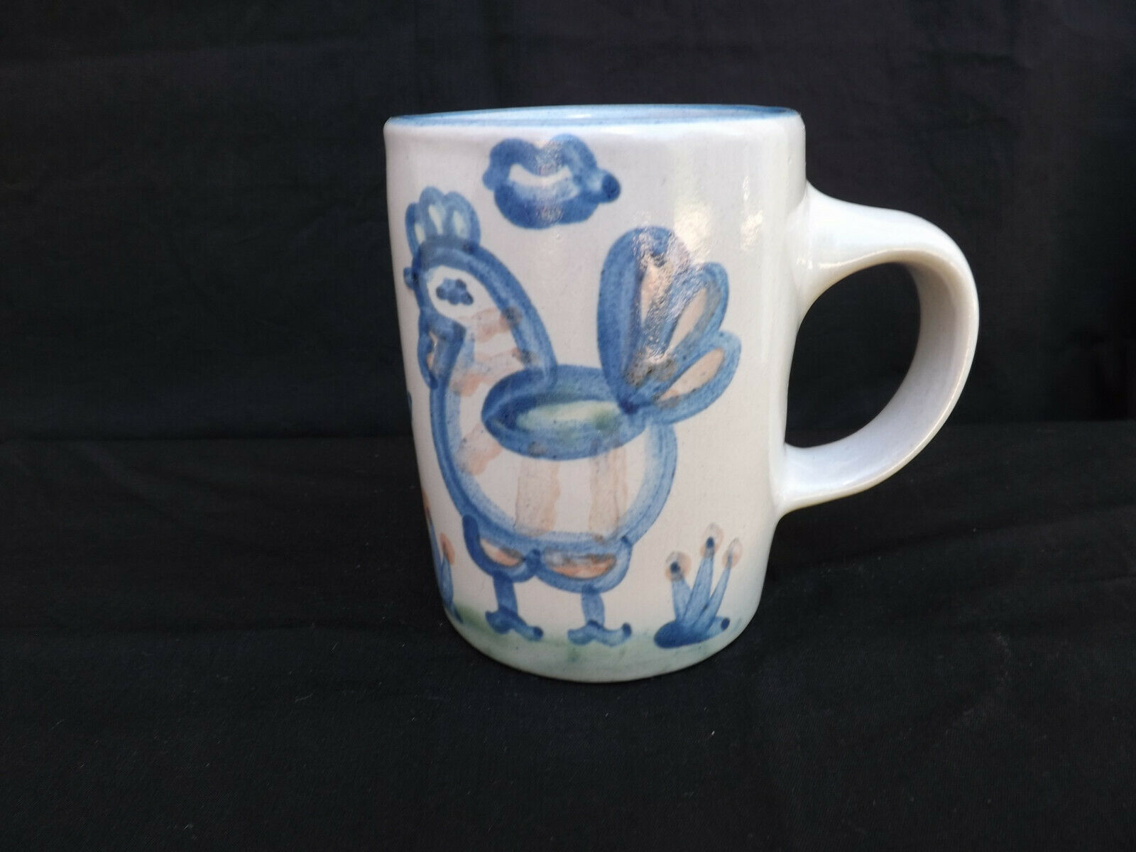 M. A. Hadley "the End" Rooster Hand Painted 8oz. Coffee Mug Cup W/ Blue Trim