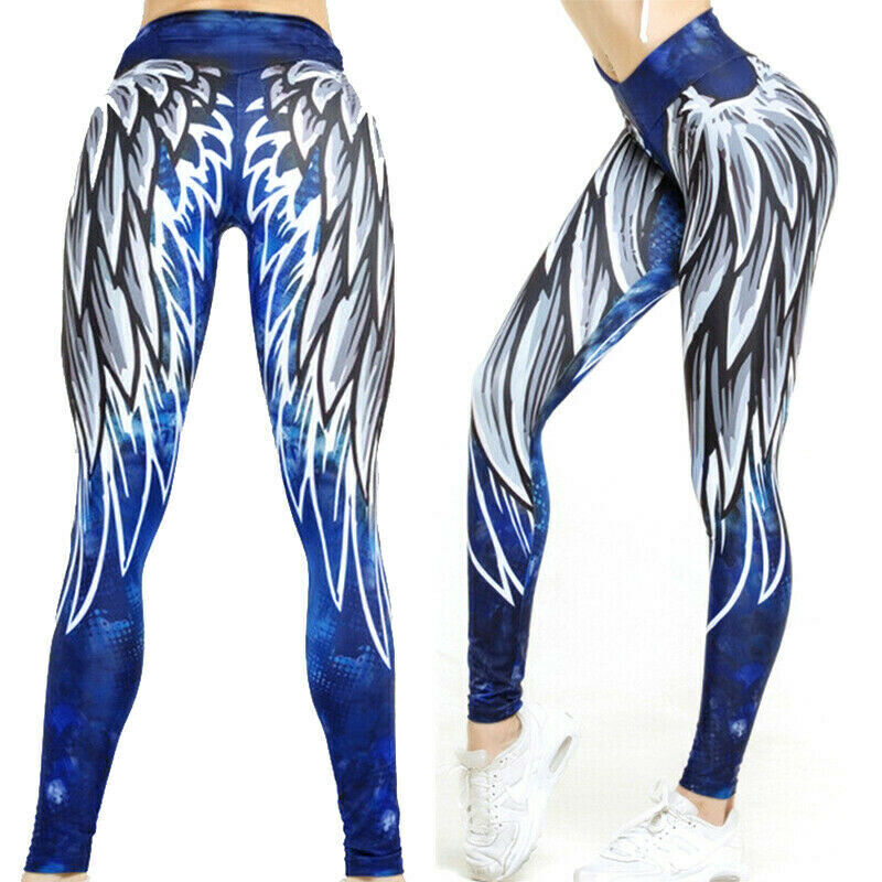 Wing Print Compression Fitness Leggings Yoga Gym Scrunch Workout Pants Trousers
