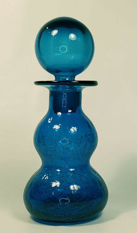 Crackle Glass Bottle With Stopper. Hand Blown. Blue.