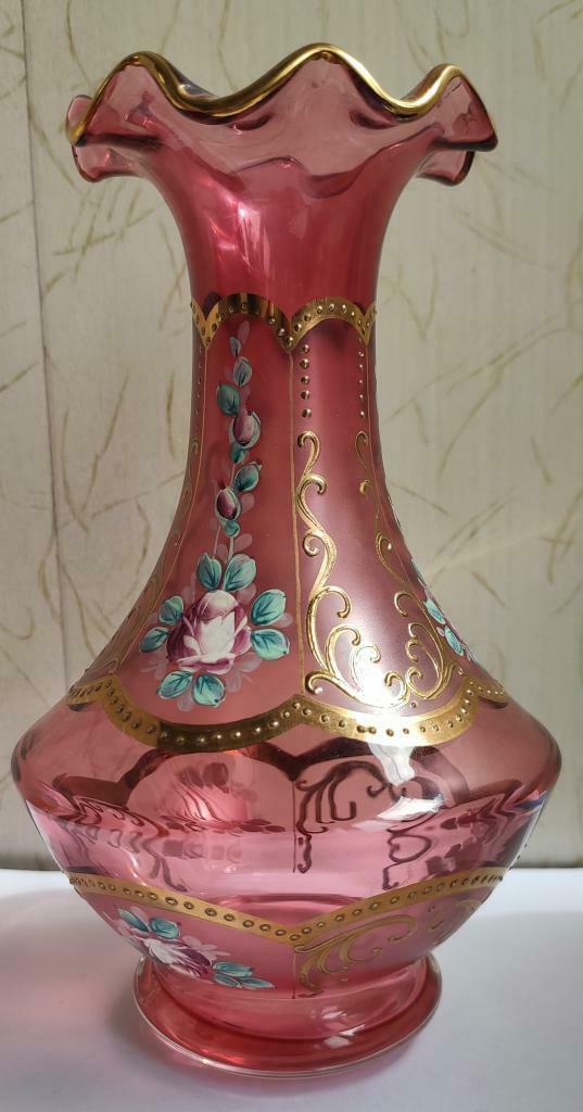 Vintage Bohemian Crystal Color Glass Vase Gold Hand Painted Made In Czech Ussr