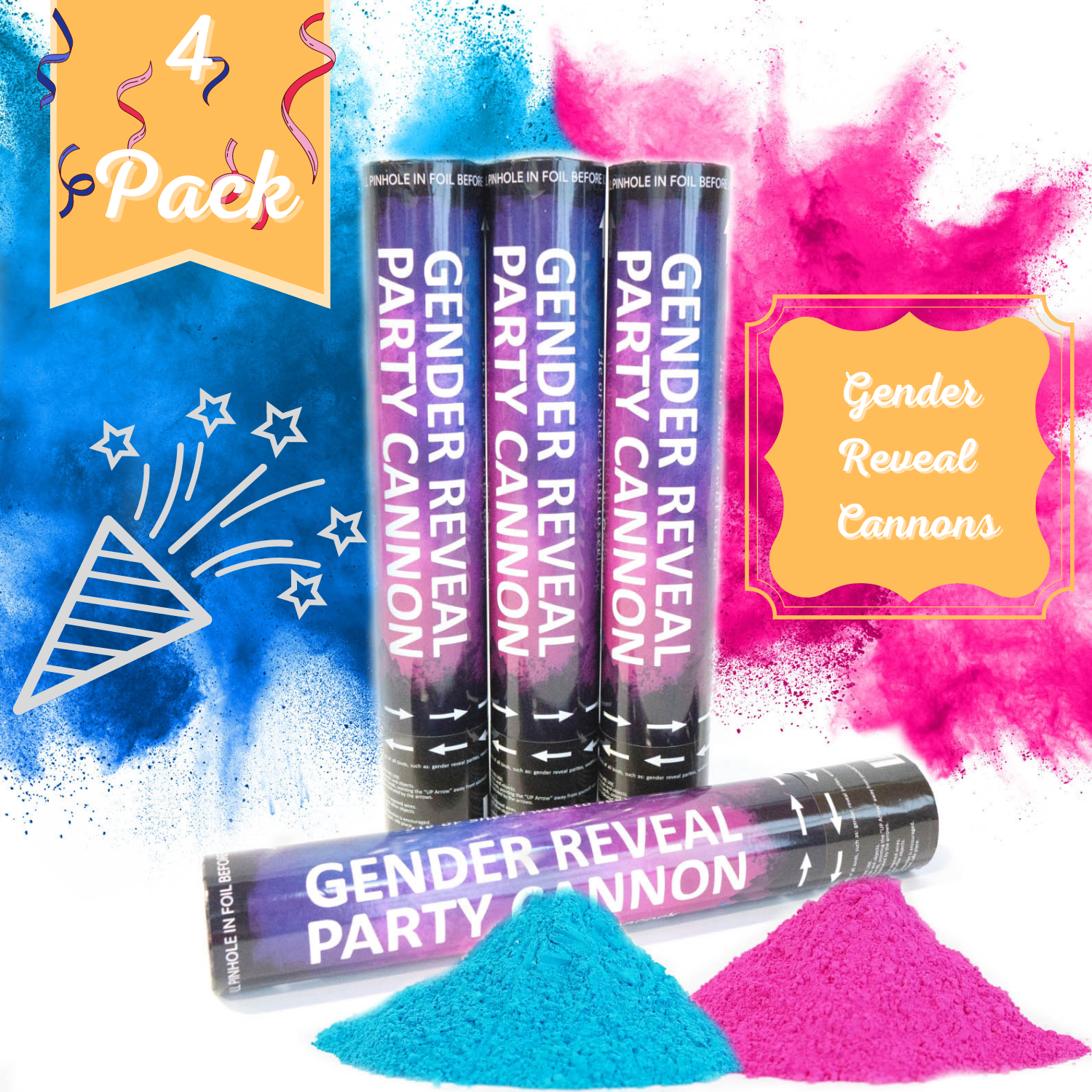 4 Gender Reveal Smoke Cannons - Powder Smoke Cannon 4 Pack [choose Style&color]