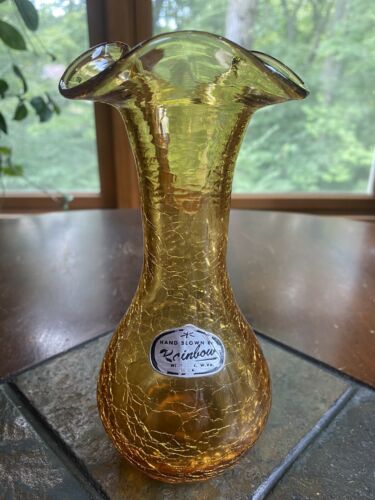 Vintage Rainbow Hand Blown Art Glass Amber Crackle Vase 7" Tall West Virginia