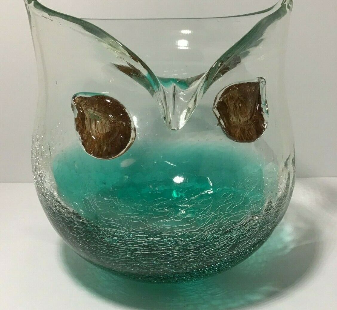 Art Glass Owl Vase Clear To Crackle Glass, Ground Bottom, Unique