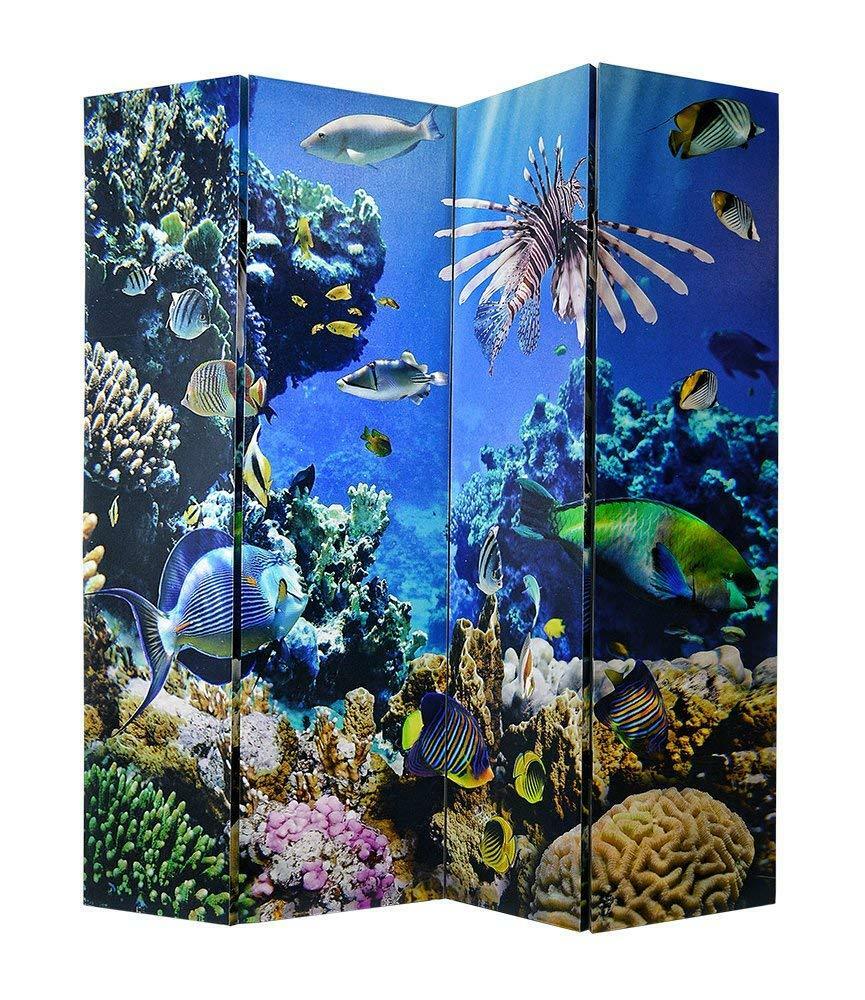70"h Undersea View Four-panel Canvas Room Screen Divider Tropical Blue Fish Tall