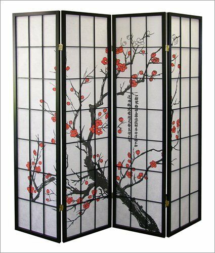 4 Panel Paper Shoji Room Divider Screen W/ Plum Blossom
