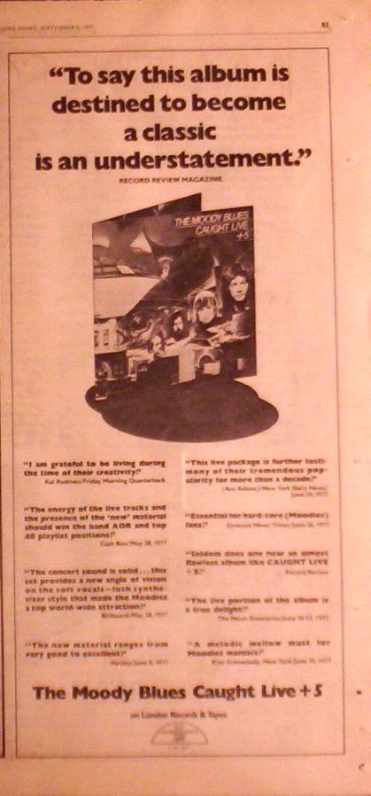 1977 Moody Blues "caught Live +5" Album Promo Ad