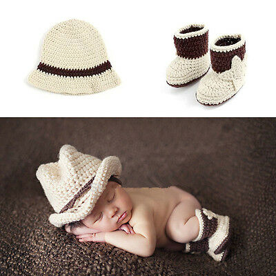 Baby Photography Props Cowboy Crochet Costume Knitted Newborn Costume Hat+shoes