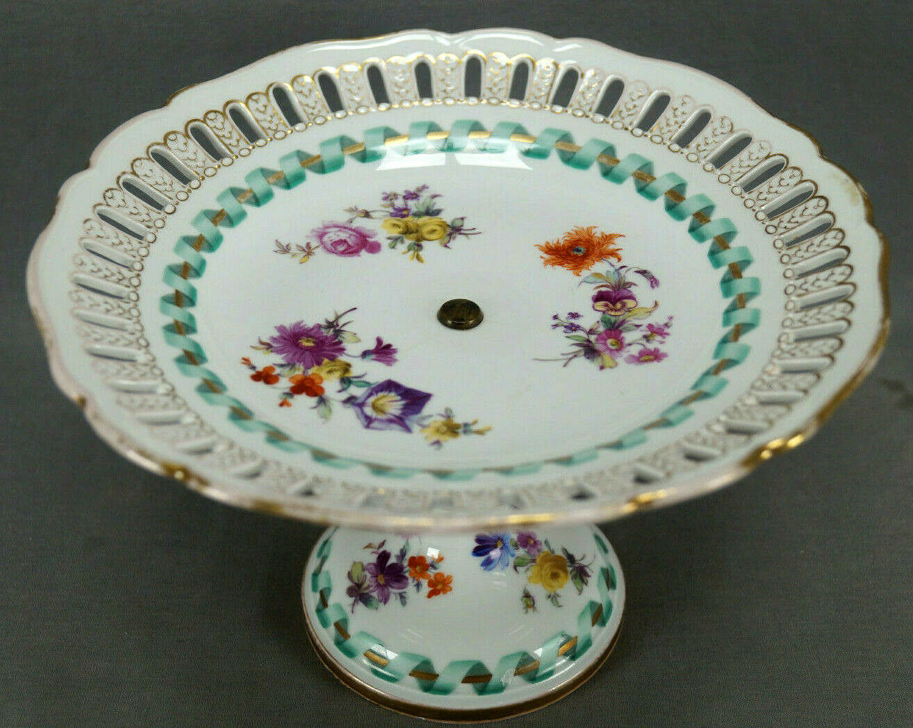 Meissen Hand Painted Floral Green Ribbon & Gold Reticulated Compote A