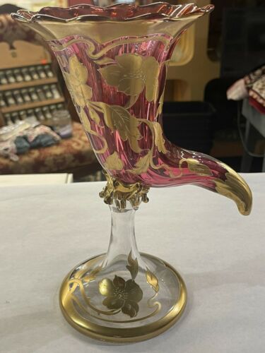 Antique Moser Glass Granberry Painted Cornucopia Hunting Vessel Art Nouveau