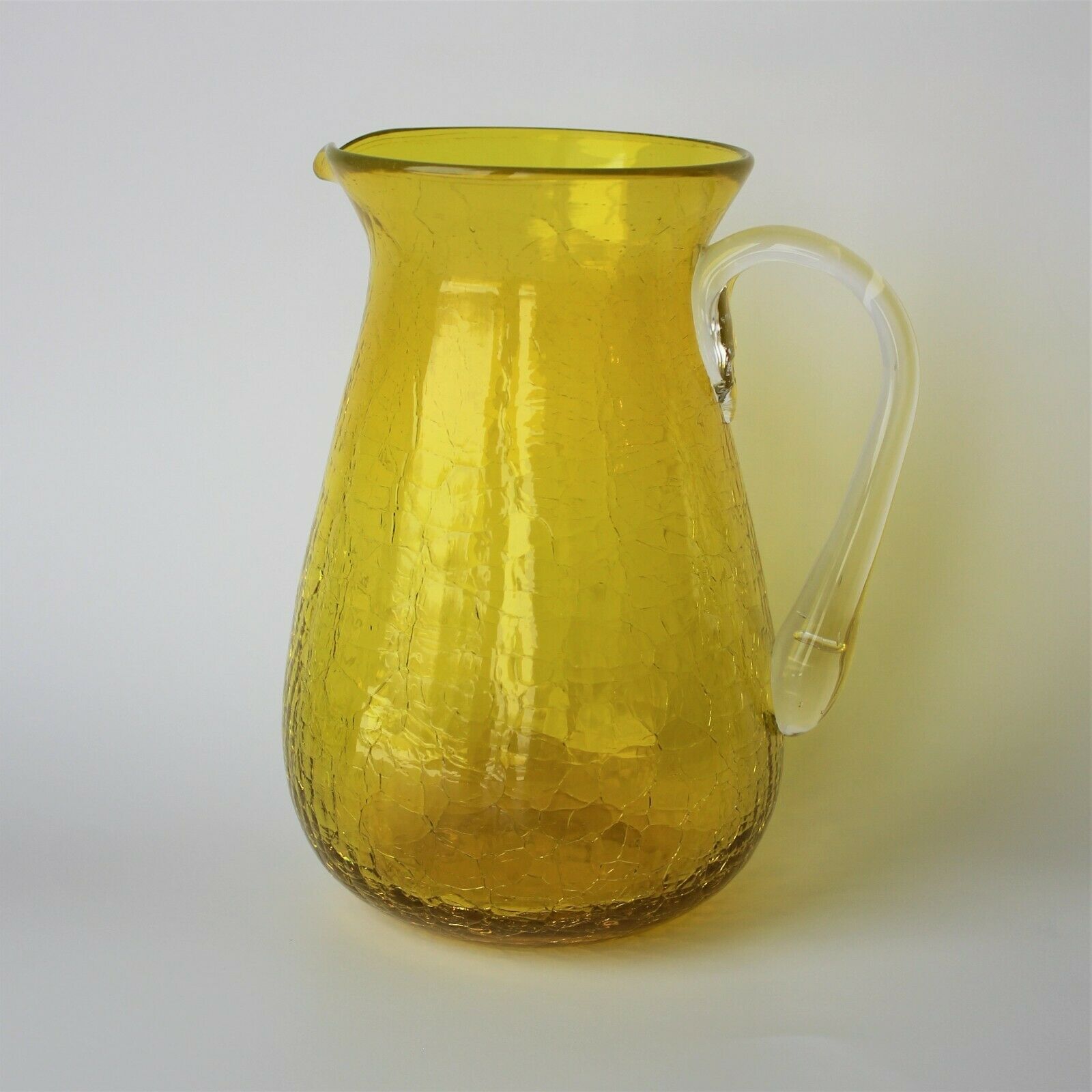 Vintage Hand Blown Yellow Crackle Glass 7" Pitcher Carafe W/ Clear Glass Handle