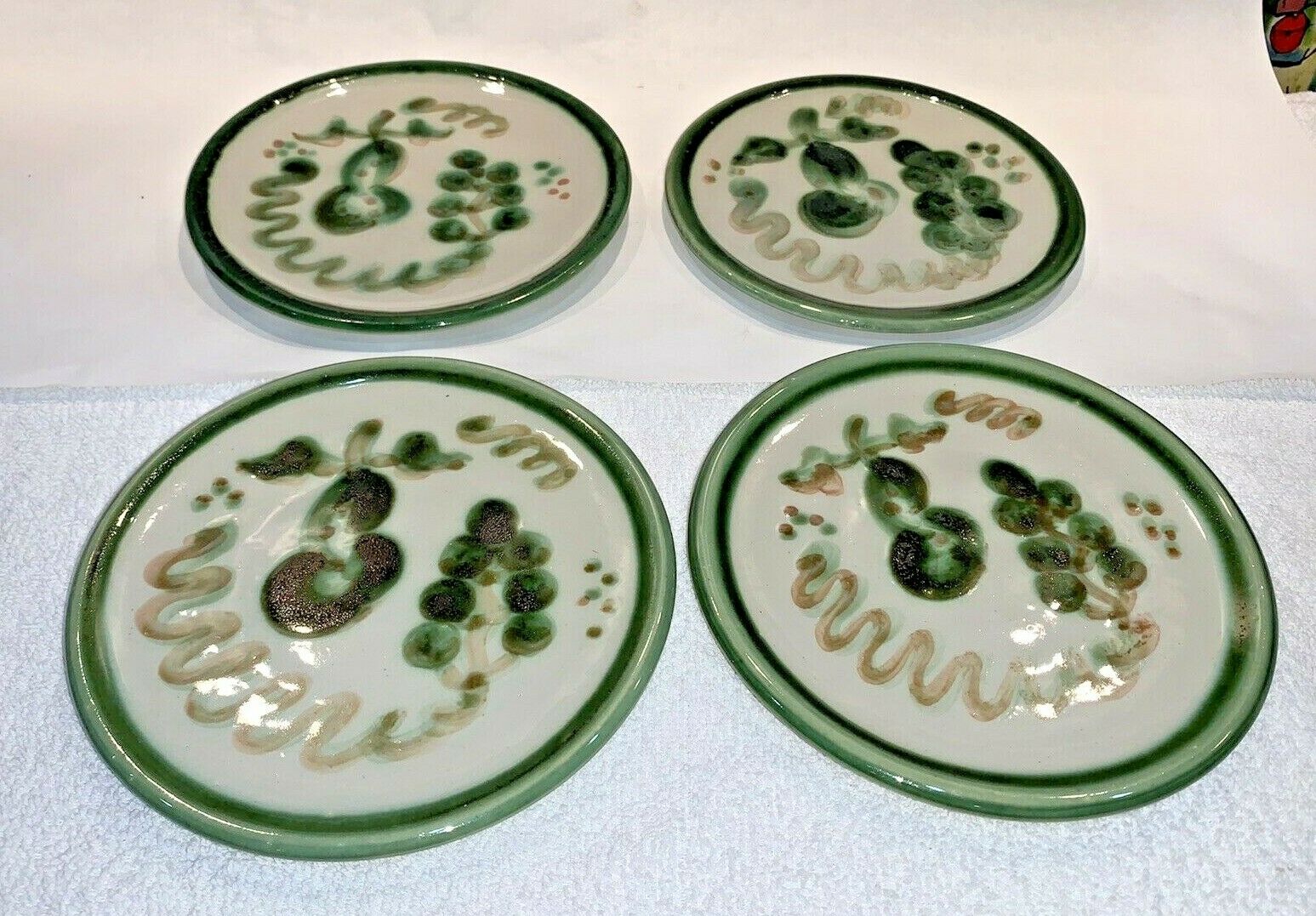 (4) Vintage M. A. Hadley Pottery Pears & Grapes Green Bread Plates 6.25" Signed
