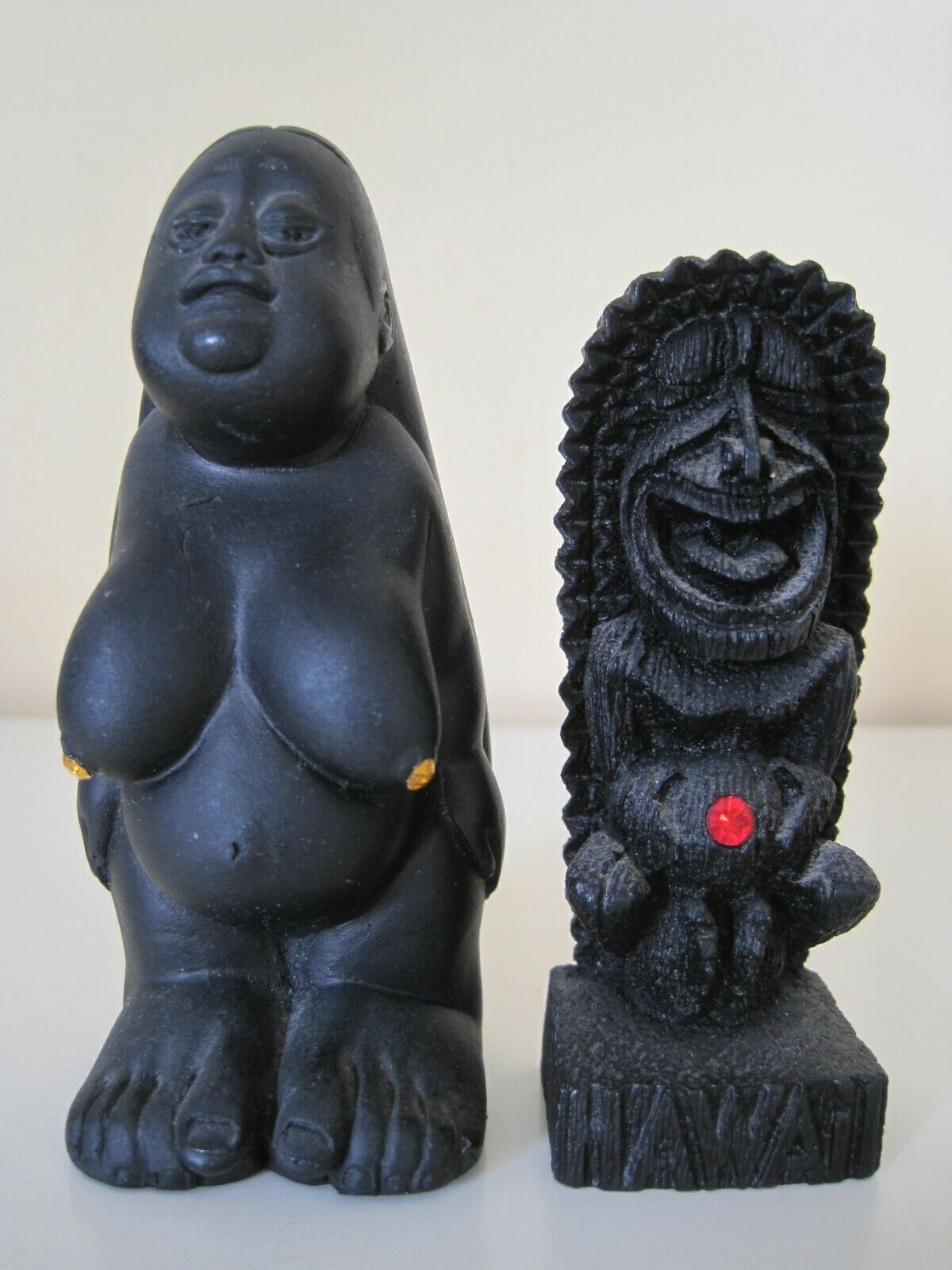 2 Lava Figurines Hawaii Tiki Fertility Goddess Coco Joe, Happy God Hip Originals