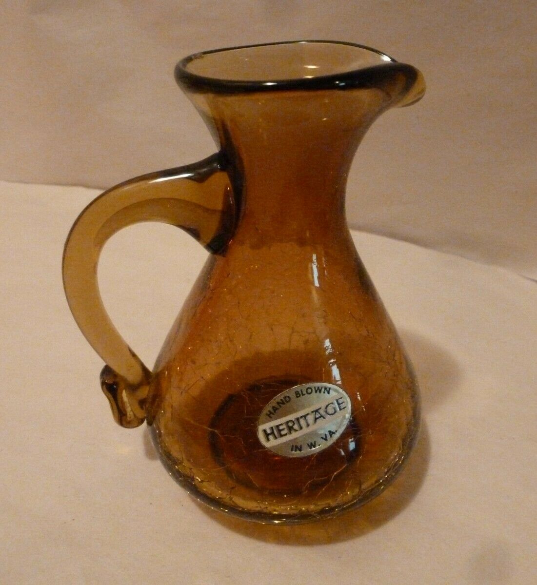 Heritage Crackle Glass Brown Small Pitcher Carafe 4.50" Hand Blown W Va