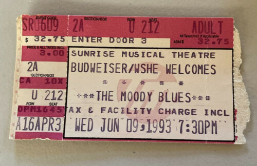 Moody Blues Rare Concert Ticket Stub Sunrise, Fl 06/09/1993