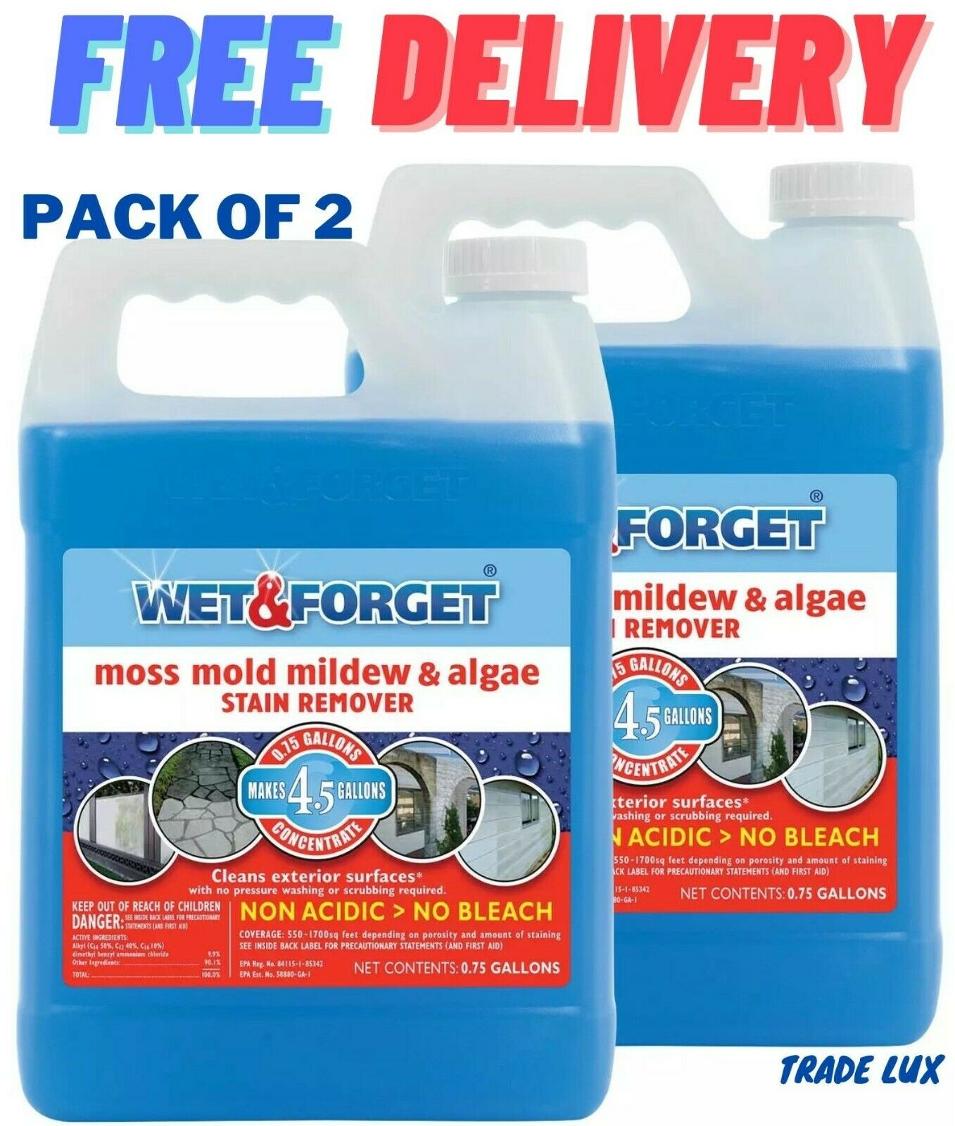 Wet & Forget Moss Mold And Mildew Algae Stain Remover .75 Gallon 2 Pack