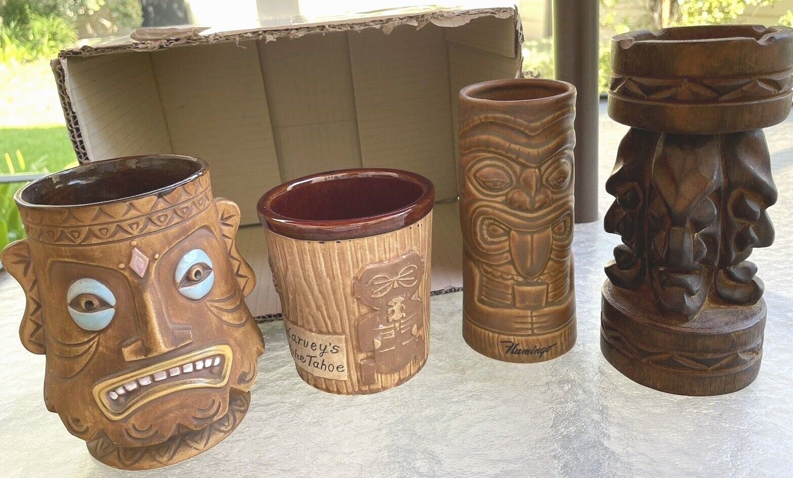 4 Vintage Tiki Bar Tchotchkes Hand Carved Totem Mug
