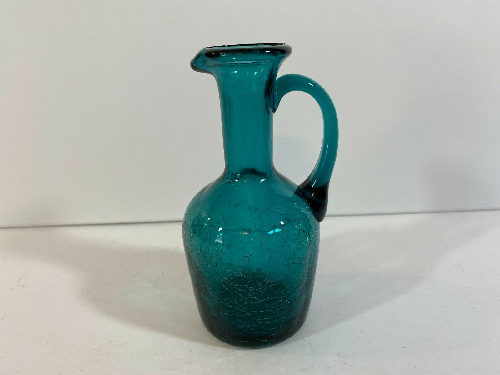 Teal Green Crackle Glass Pitcher With Applied  Handle 5 5/8" Tall   K42