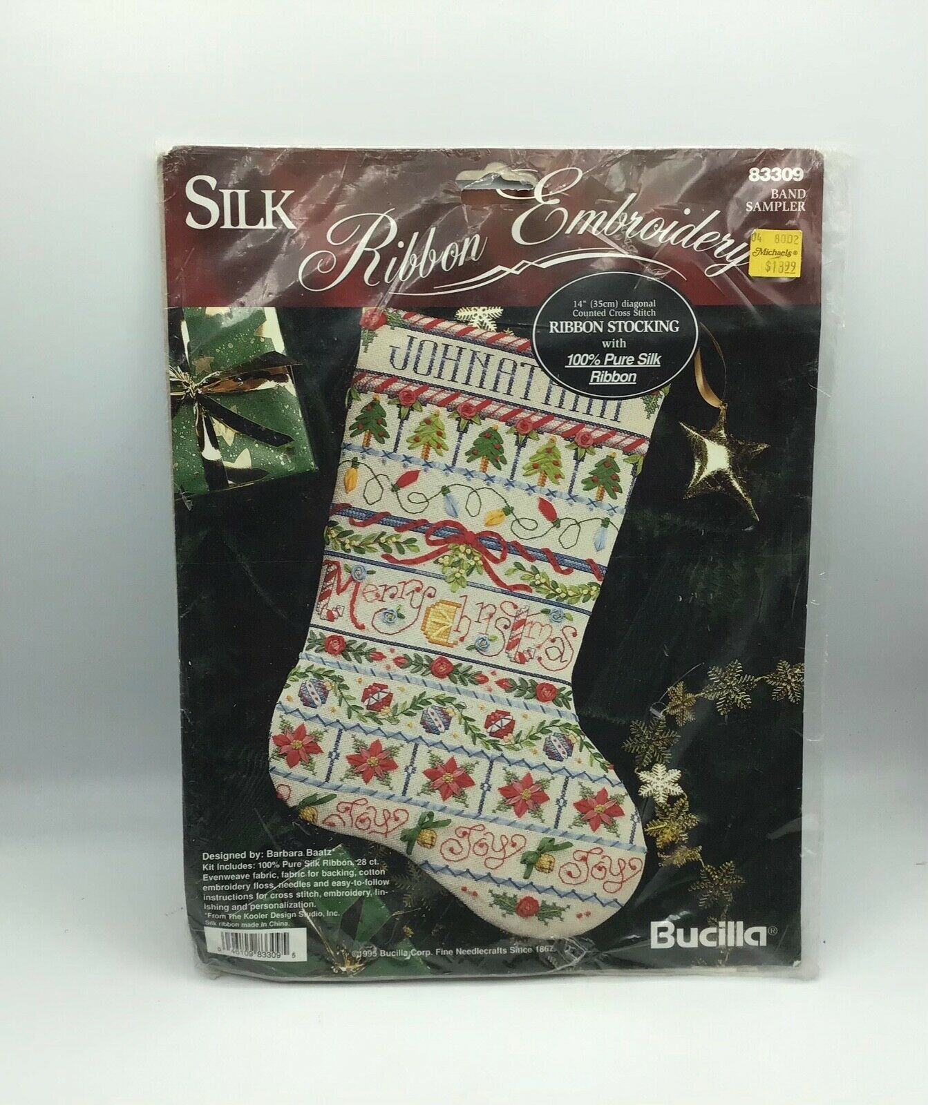 1995 Bucilla Counted Cross Stitch Silk Ribbon Embroidery Ribbon Stocking Kit New