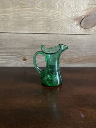 Vintage Crackle Glass Emerald Blue Green Pitcher Hand Blown Small