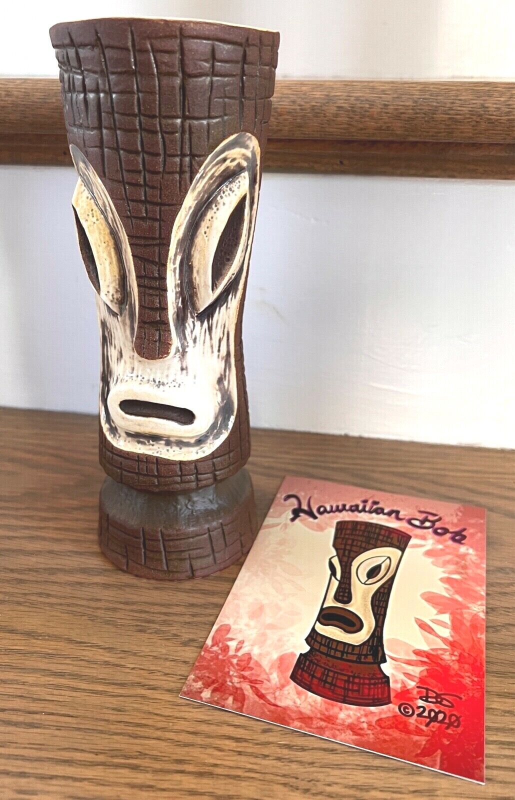 Hawaiian Bob Tiki Mug By  Tiki Diablo -- Wood Finish Glaze Brand New W/ Postcard