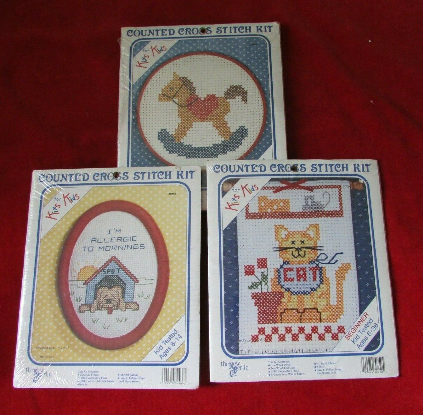 3 New Berlin Kits For Kids Counted Cross Stitch Rocking Horse Cat Dog  Usa Nos