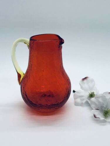 Amberina Crackle Glass Small Pitcher With Yellow Handle