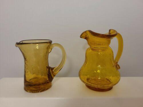 Vintage Lot 2 Small Crackle Glass Mini Pitchers Hand Blown Mcm Amber