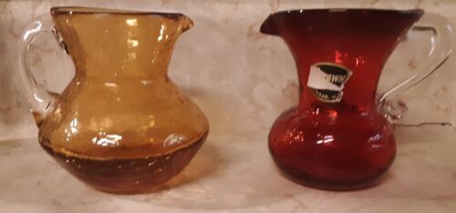 Kanawha Glass Small Pitchers Crackle Red Yellow Set Of 2 Vintage
