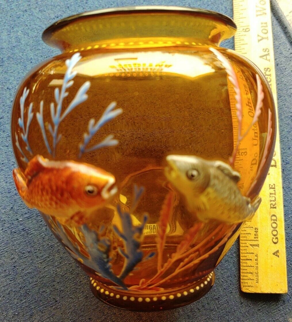 Vintage Moser Hand Enameled Fish  Glass Vase 4.5 In. Tall