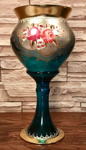 Moser Bohemian Enamel & Gilded Floral Cobalt Glass Mantelpiece Pedestal Vase