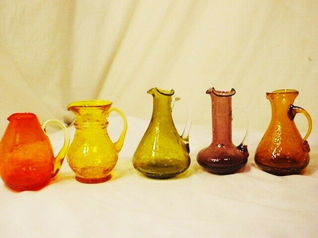 Lot Of 5 Mid Century Vtg Crackle Glass Mini Bud Vase & Pitcher Creamer Amberina