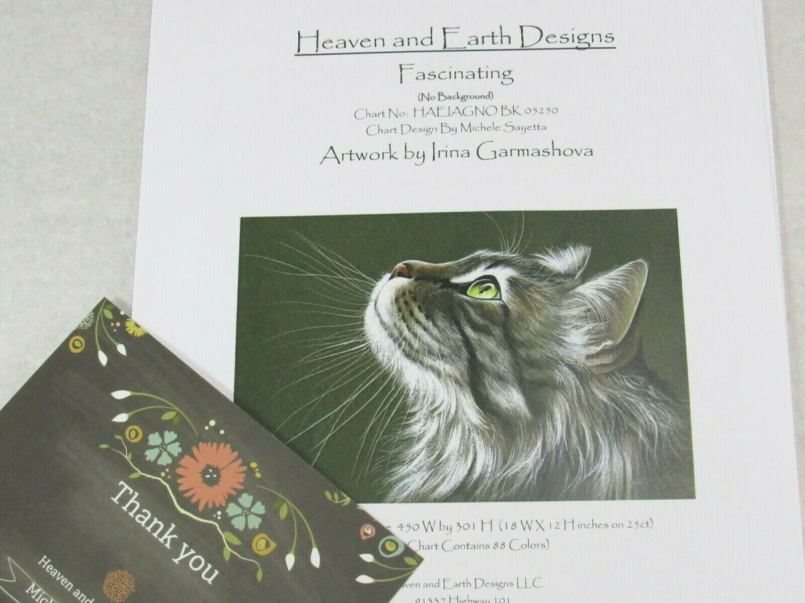 Heaven & Earth Designs Fascinating Cross Stitch Chart - Long Hair Gray Tabby Cat