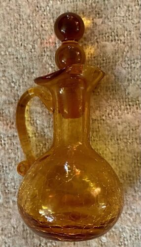 Hand Blown Amber Crackle Glass Vase With Stopper