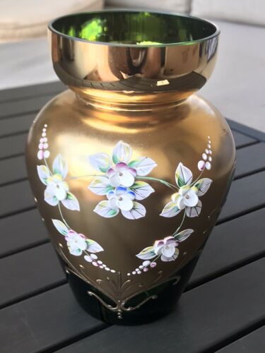 6” Moser Bohemian Czech Art Glass Vase. Emerald Sold Paint Raised Enamel Flowers