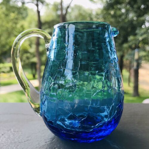 Vintage Small Blue Crackle Glass Pitcher Creamer Hand Blown