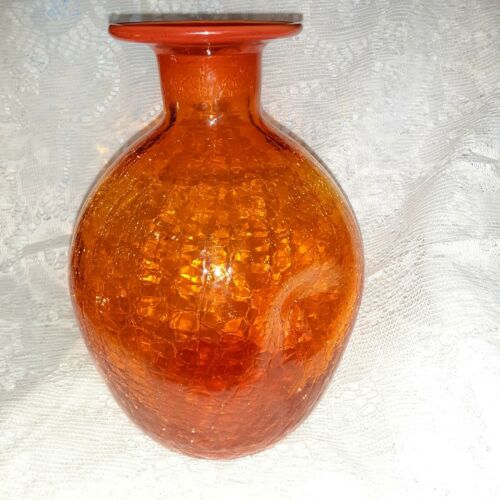 Vintage Crackle Glass Vase Orange Hand Blown 8" Tall With Indents On Sides Nice.